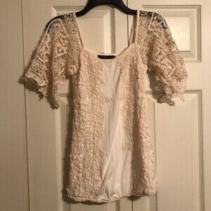 HAZEL Anthropologie X-Small Cream Lace Crochet Top Elastic Waist Bohemian Chic